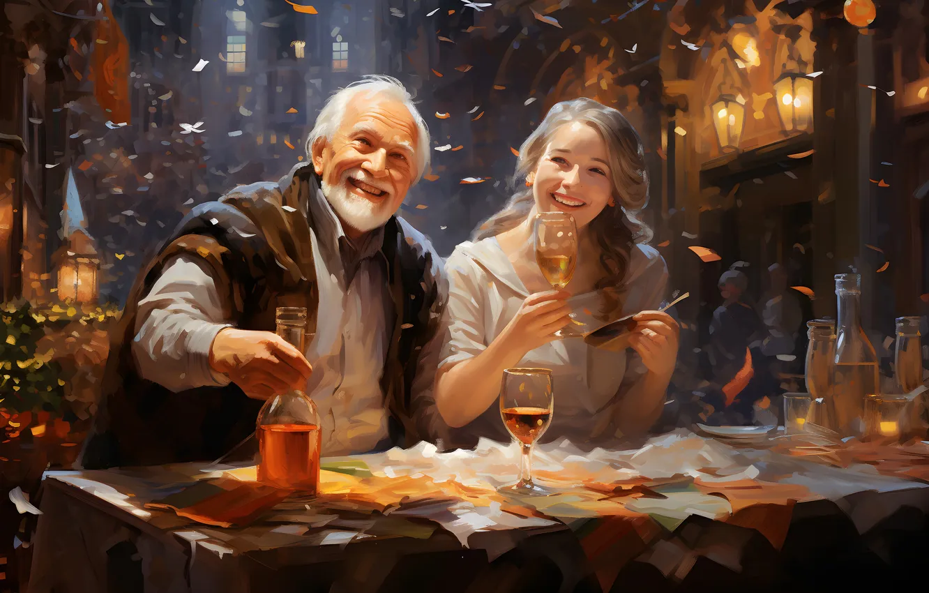 Photo wallpaper girl, joy, smile, table, glass, new year, Christmas, male