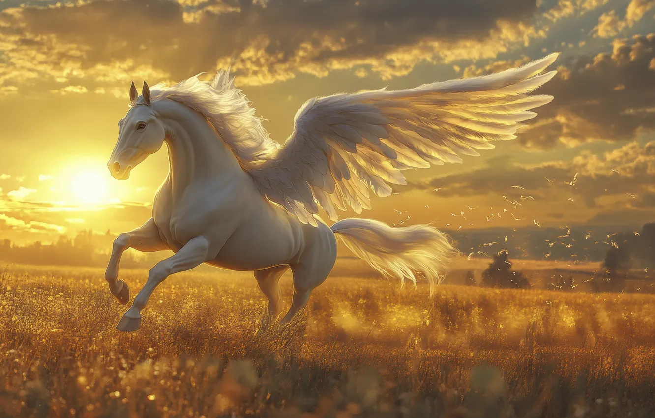 Photo wallpaper field, the sun, clouds, dawn, horse, wings, Pegasus, digital art