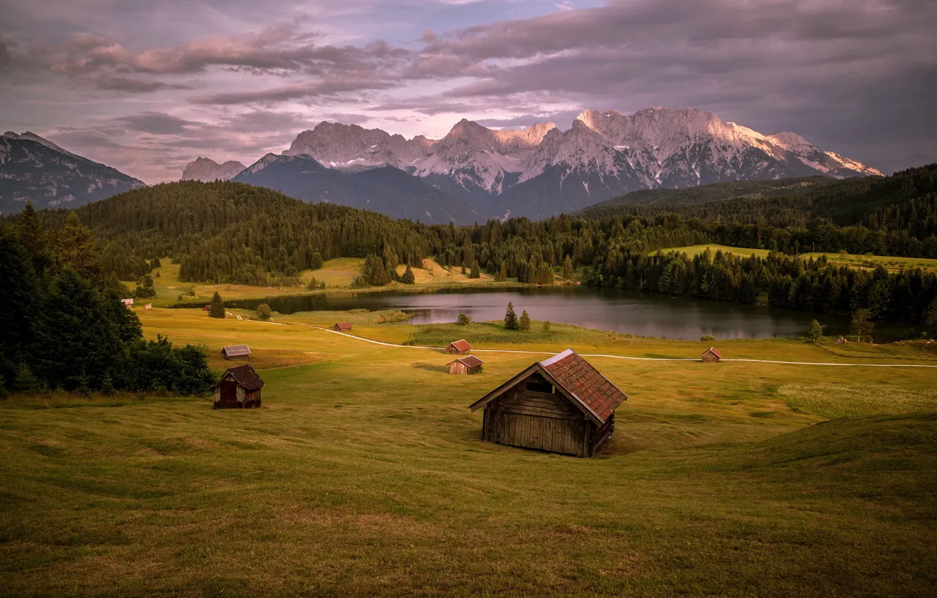 Photo wallpaper field, landscape, mountains, lake, houses