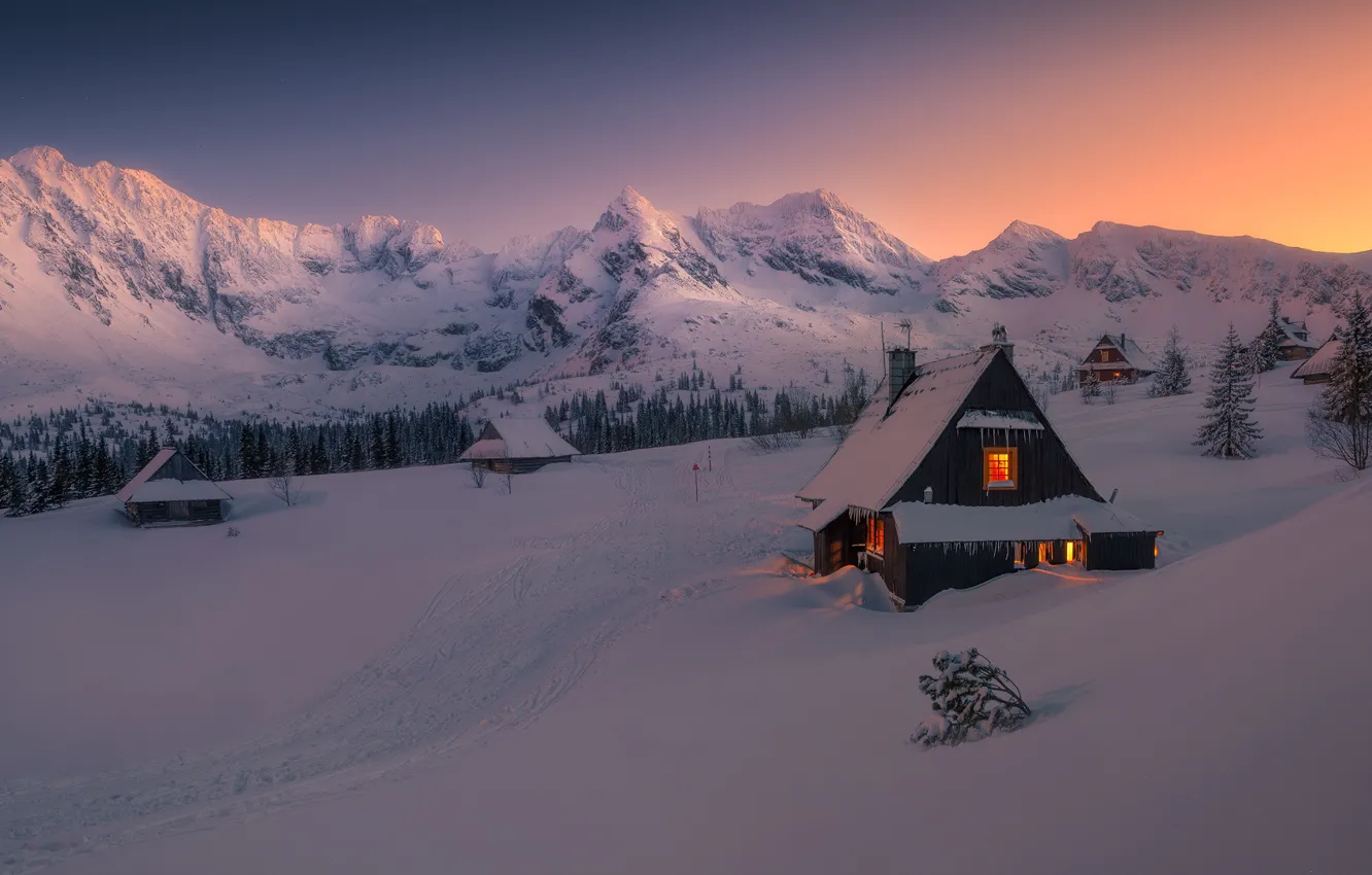 Photo wallpaper winter, snow, landscape, mountains, nature, home, the evening