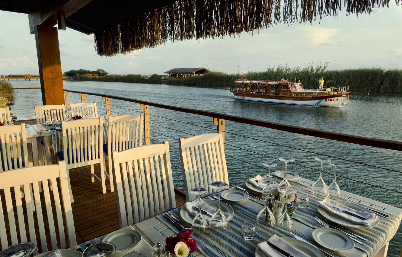 Photo wallpaper river, boat, restaurant, restaurant on the water