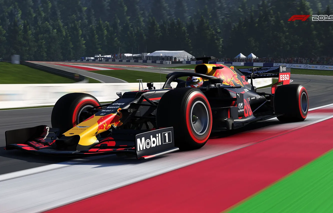 Photo wallpaper speed, track, turn, tribune, racing car, F1 2019, Red Bull RB15
