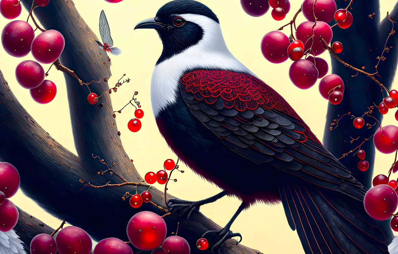 Photo wallpaper trees, bird, graphics, art, fruit, digital painting, digital art, AI art