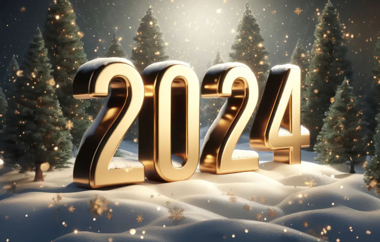 Photo wallpaper figures, New year, golden, winter, snow, decoration, numbers, New year