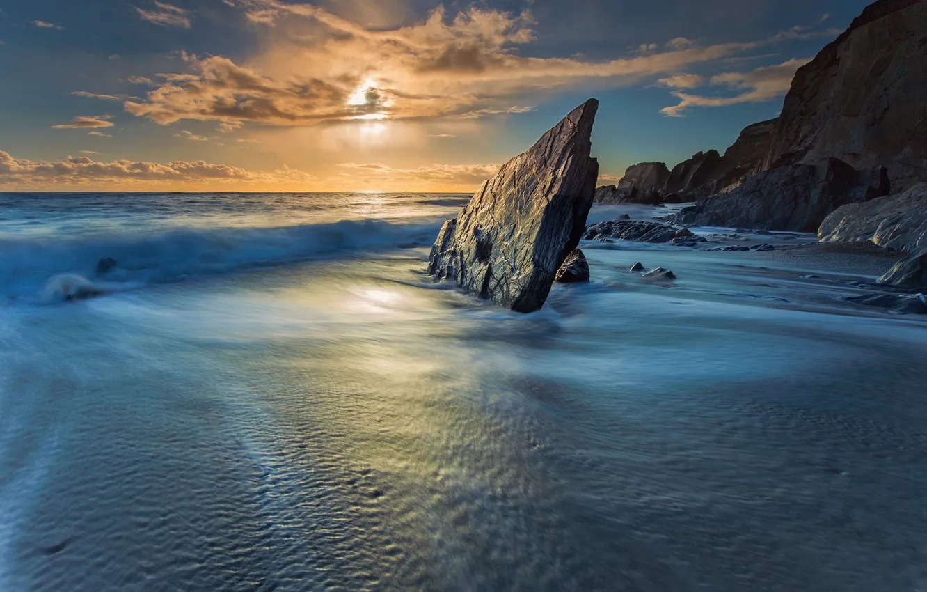 Photo wallpaper sea, wave, sunset, the ocean, rocks, England, Devon, England