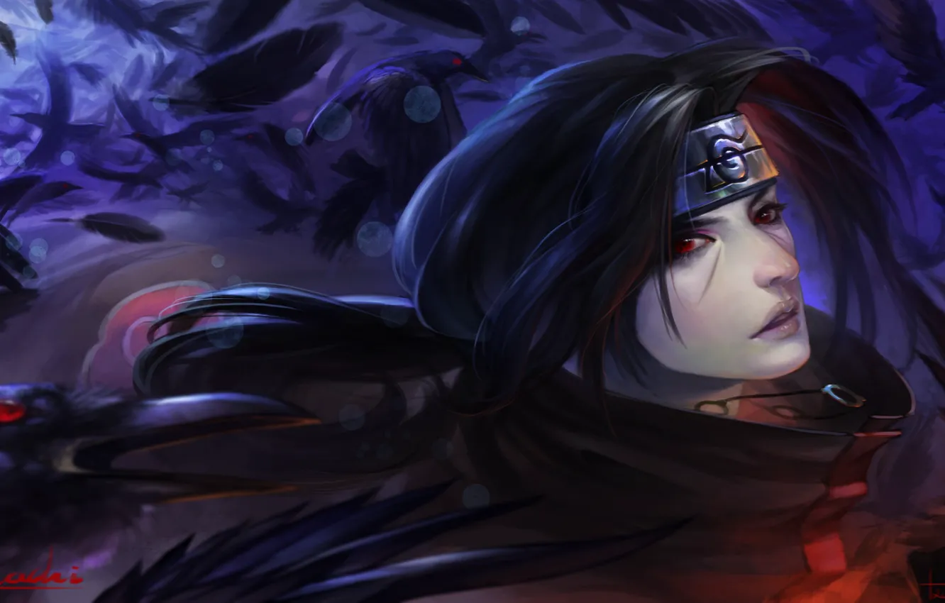 Photo wallpaper crows, Naruto, art, sharingan, Uchiha Itachi, by MANG WANG