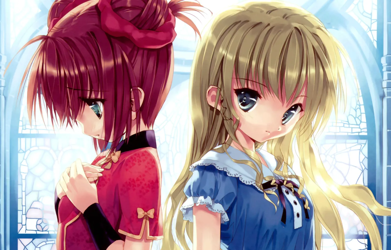 Photo wallpaper window, stained glass, blue eyes, two, art, friend, ueda ryou