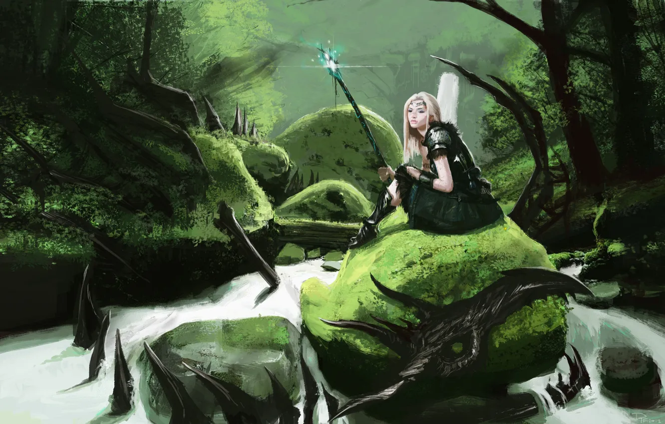 Photo wallpaper forest, girl, river, stones, art, MAG, staff