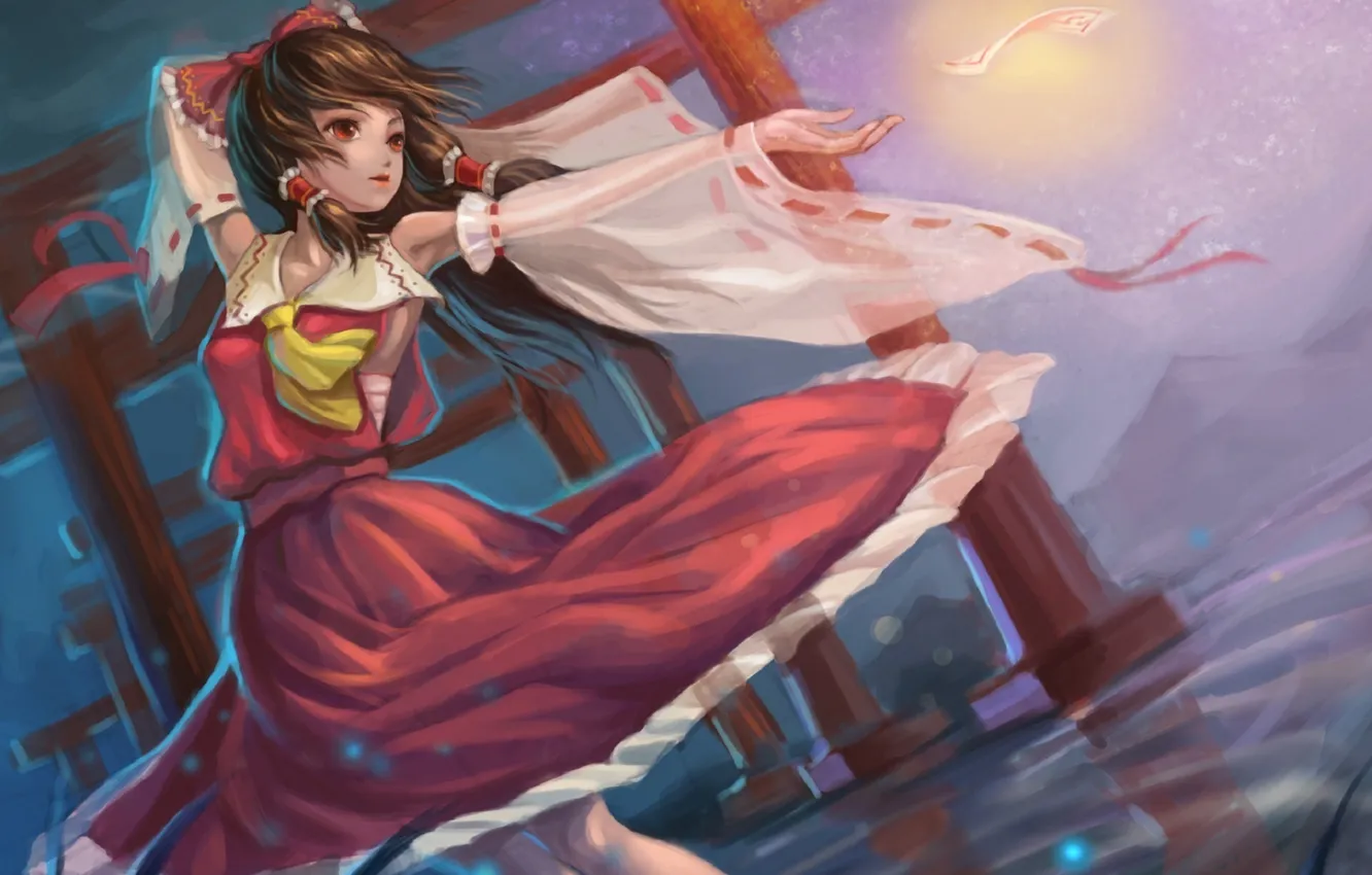 Photo wallpaper water, girl, columns, gesture, touhou, art, Hakurei Reimu, dropbird