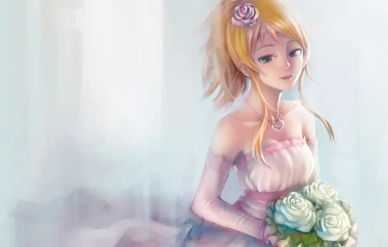Photo wallpaper girl, roses, bouquet, dress, art, the bride, ore no imouto ga konnani kawaii wake ga …
