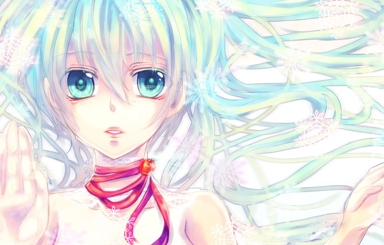 Photo wallpaper eyes, girl, snowflakes, apples, art, tape, vocaloid, hatsune miku