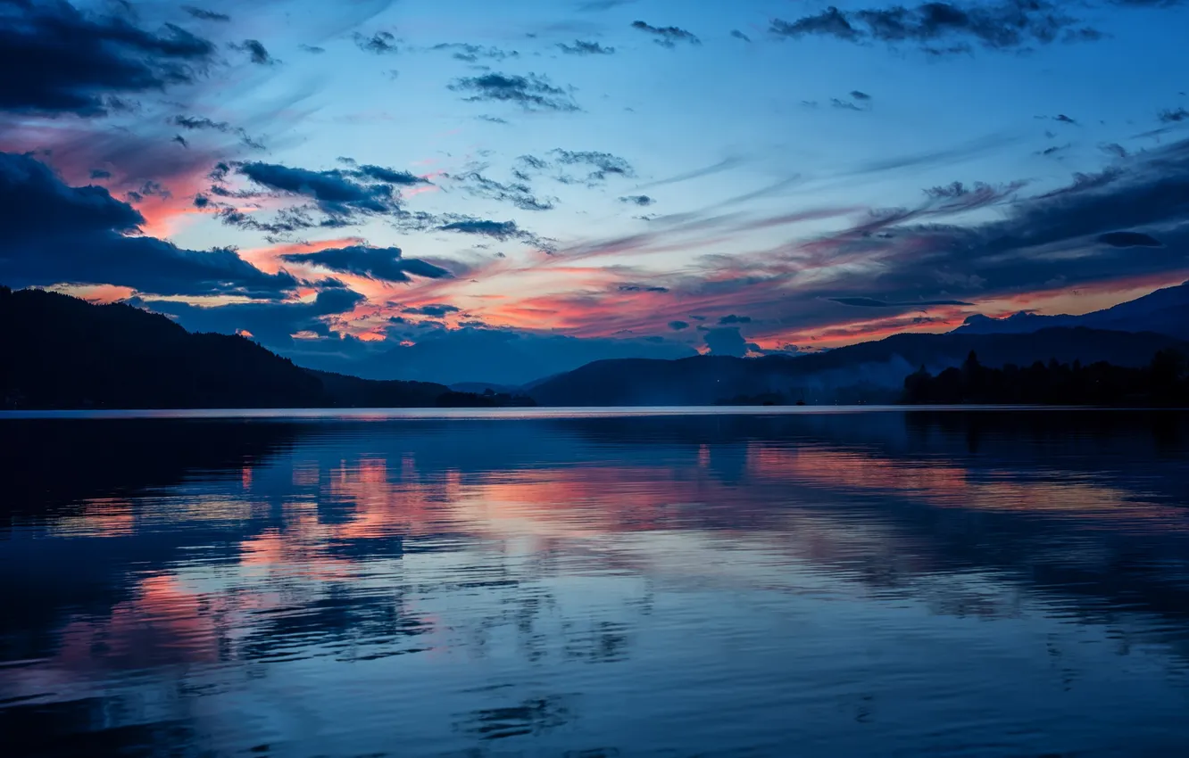 Photo wallpaper clouds, mountains, lake, reflection, Austria