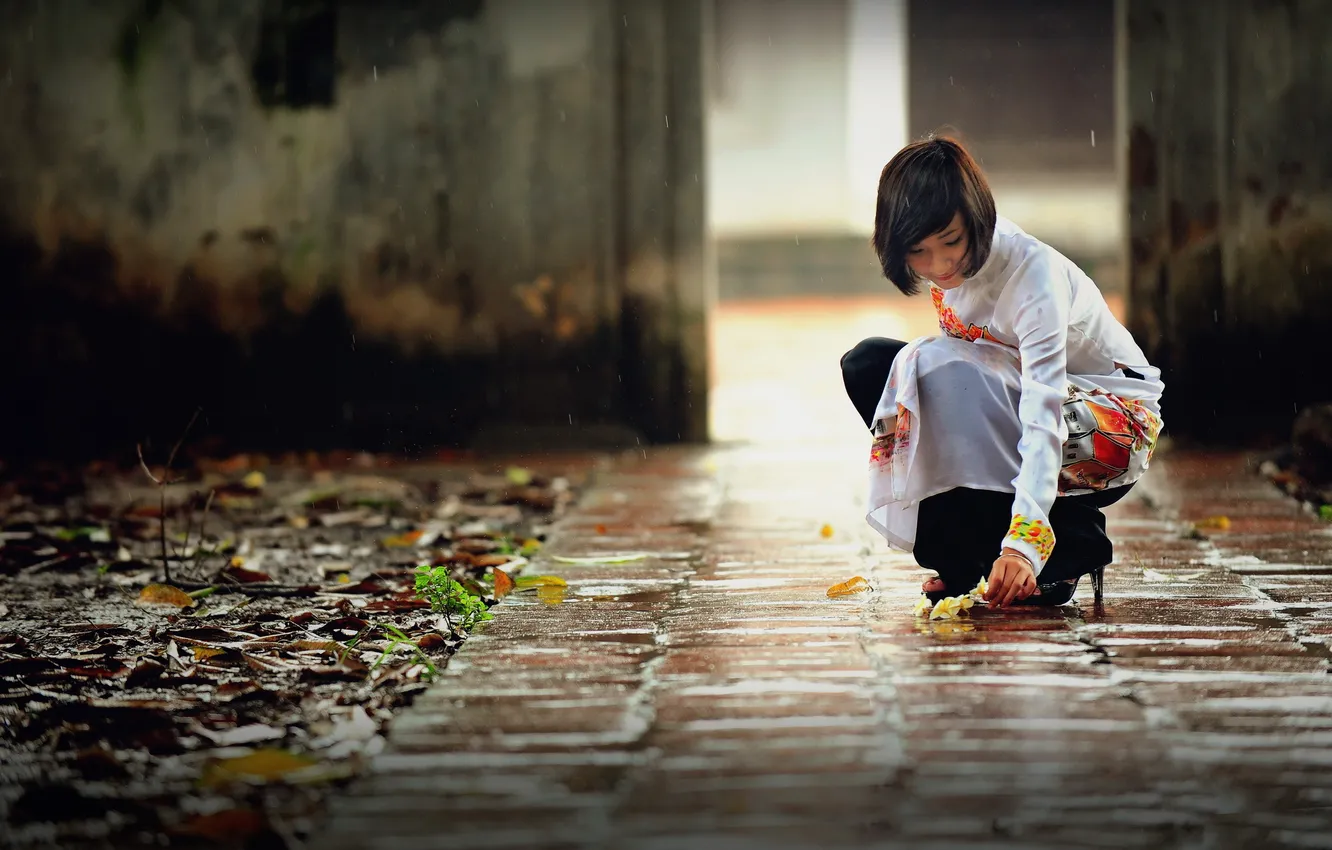 Photo wallpaper girl, flowers, Asian