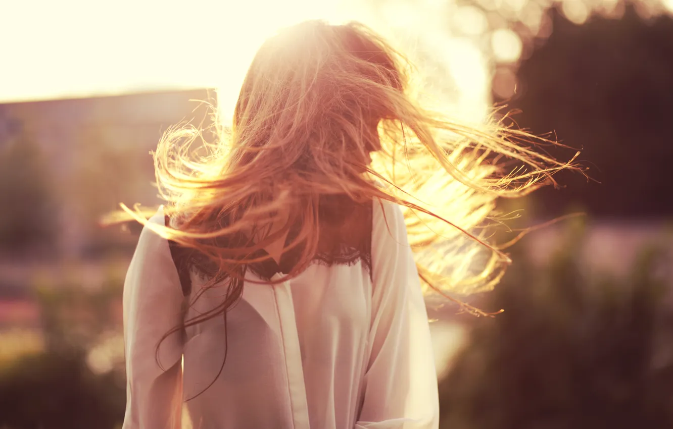 Photo wallpaper girl, hair, blouse, red