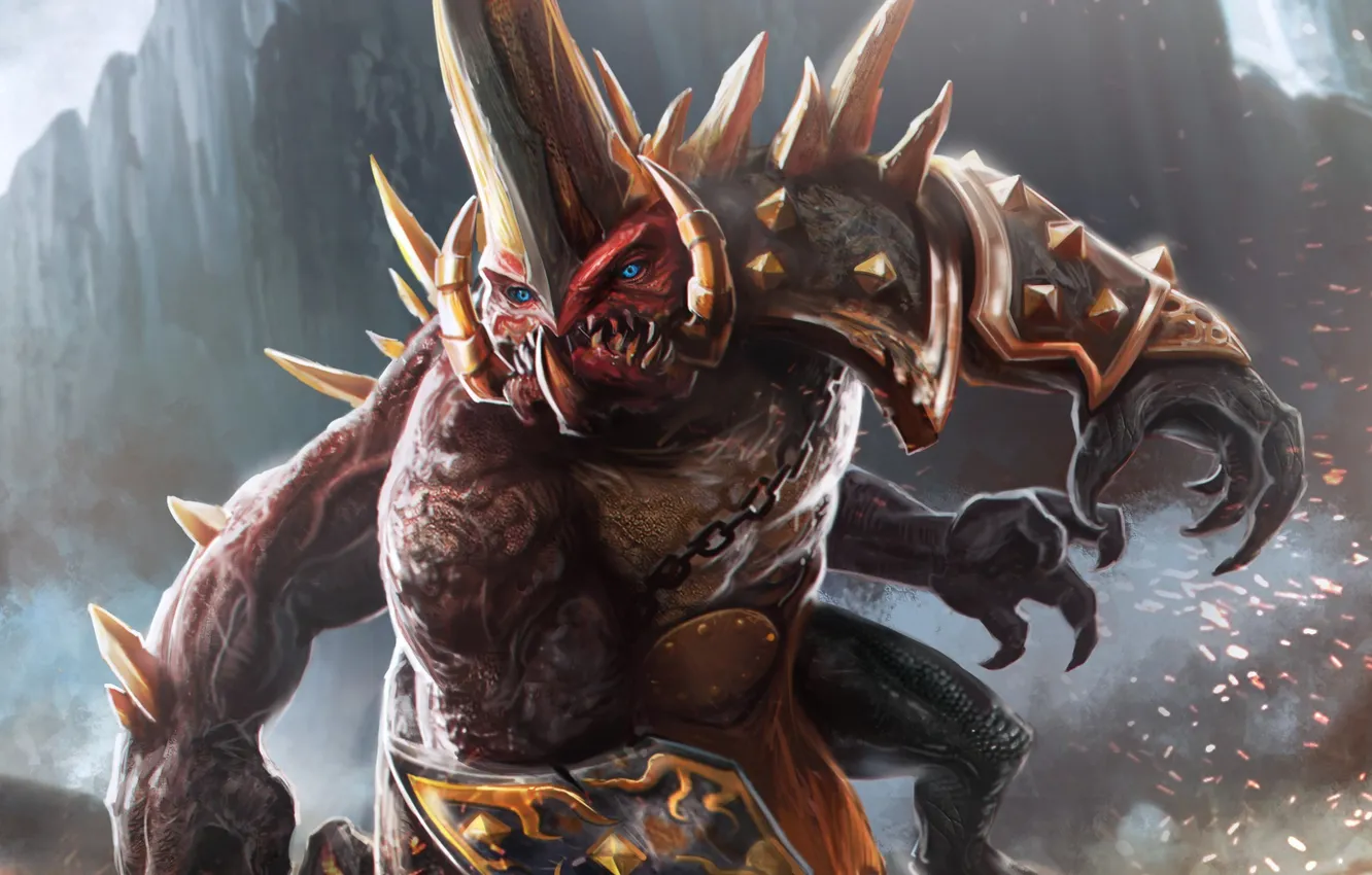 Photo wallpaper monster, paws, chain, fangs, horns, Dungeon Hunter 4, Ougon Bloodsucker, Guildhall Of Glory