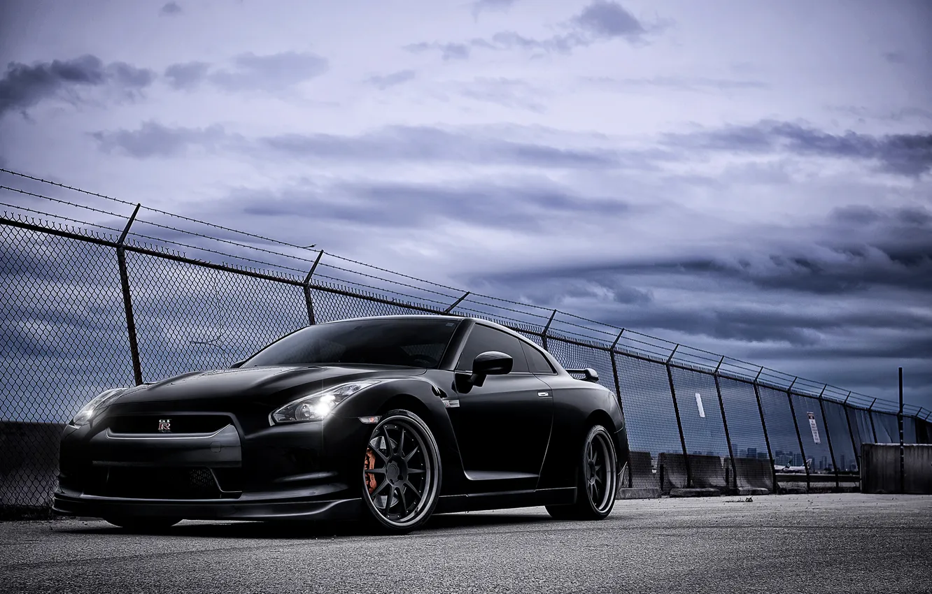 Photo wallpaper the sky, clouds, Nissan, GT-R, black