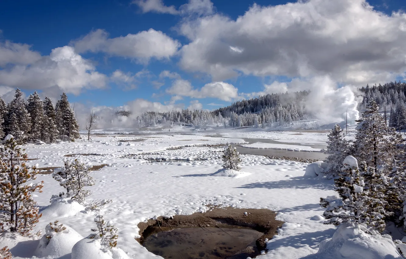 Photo wallpaper landscape, winter, Yellowstone National Park, Norris Geyser Basin