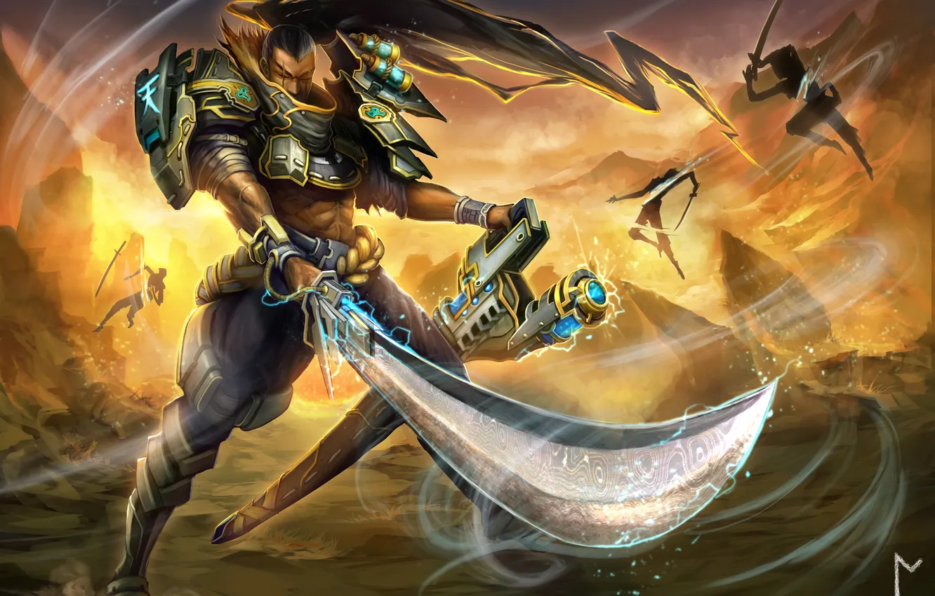 Photo wallpaper lights, the wind, sword, armor, warrior, sparks, blow