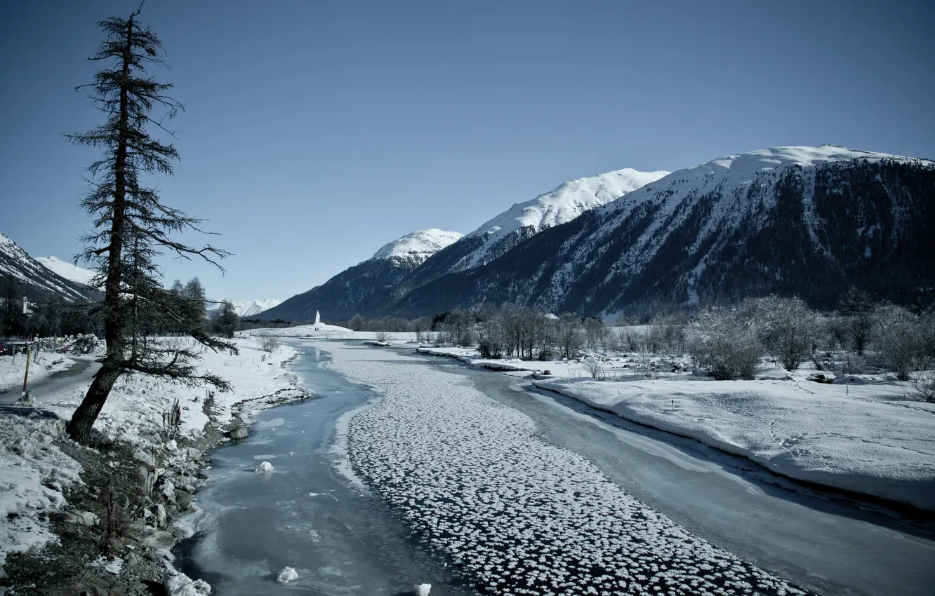 Photo wallpaper river, Winter, ice, valley, snowy peaks