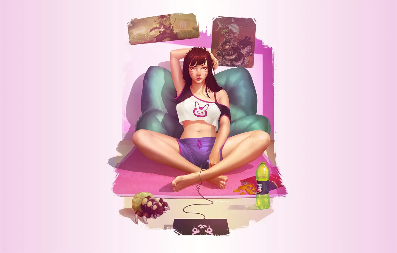 Photo wallpaper long hair, brunette, belly, sitting, thighs, video games, bangs, looking at viewer