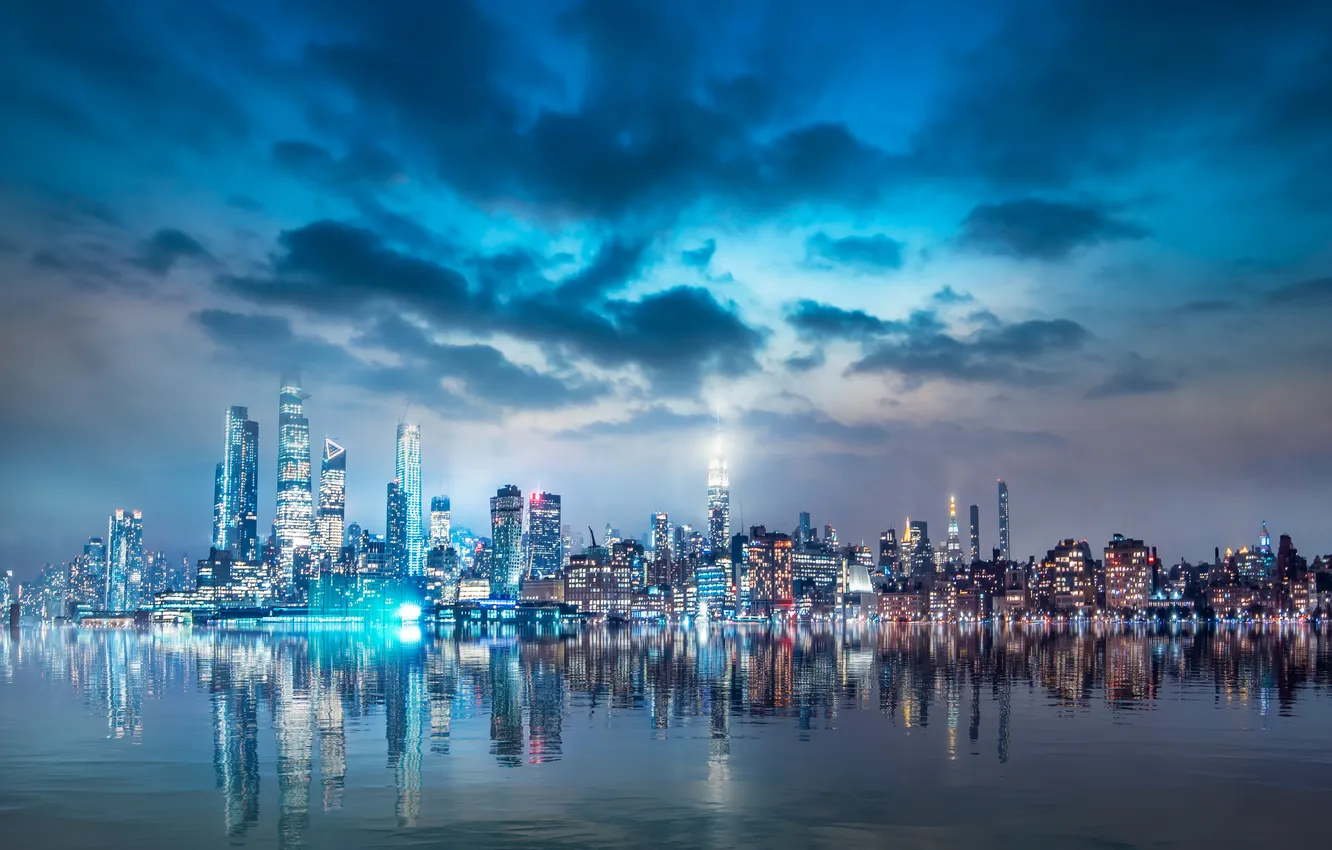 Photo wallpaper world, skyline, city lights, clouds, cityscape, night city, reflections