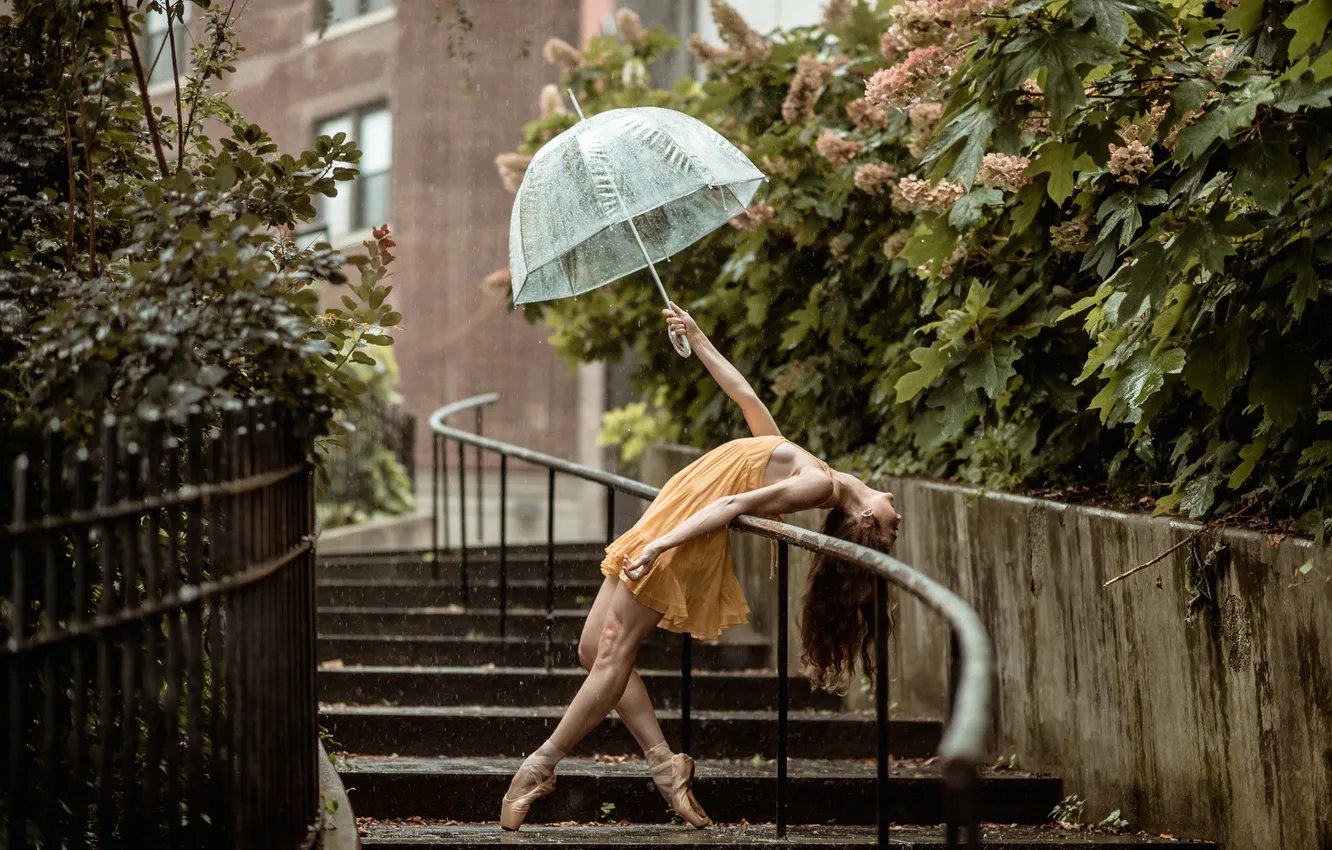 Photo wallpaper girl, rain, umbrella, dress, legs, Cristiana