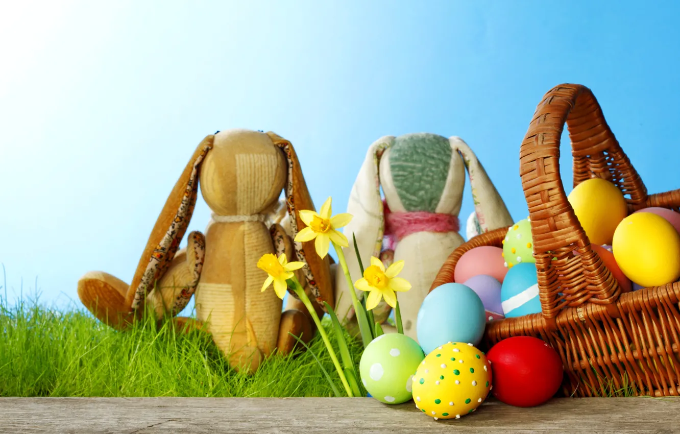 Photo wallpaper grass, flowers, eggs, spring, rabbit, meadow, Easter, grass