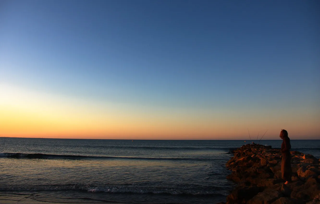 Photo wallpaper sea, the sky, sunset, stones, Horizon