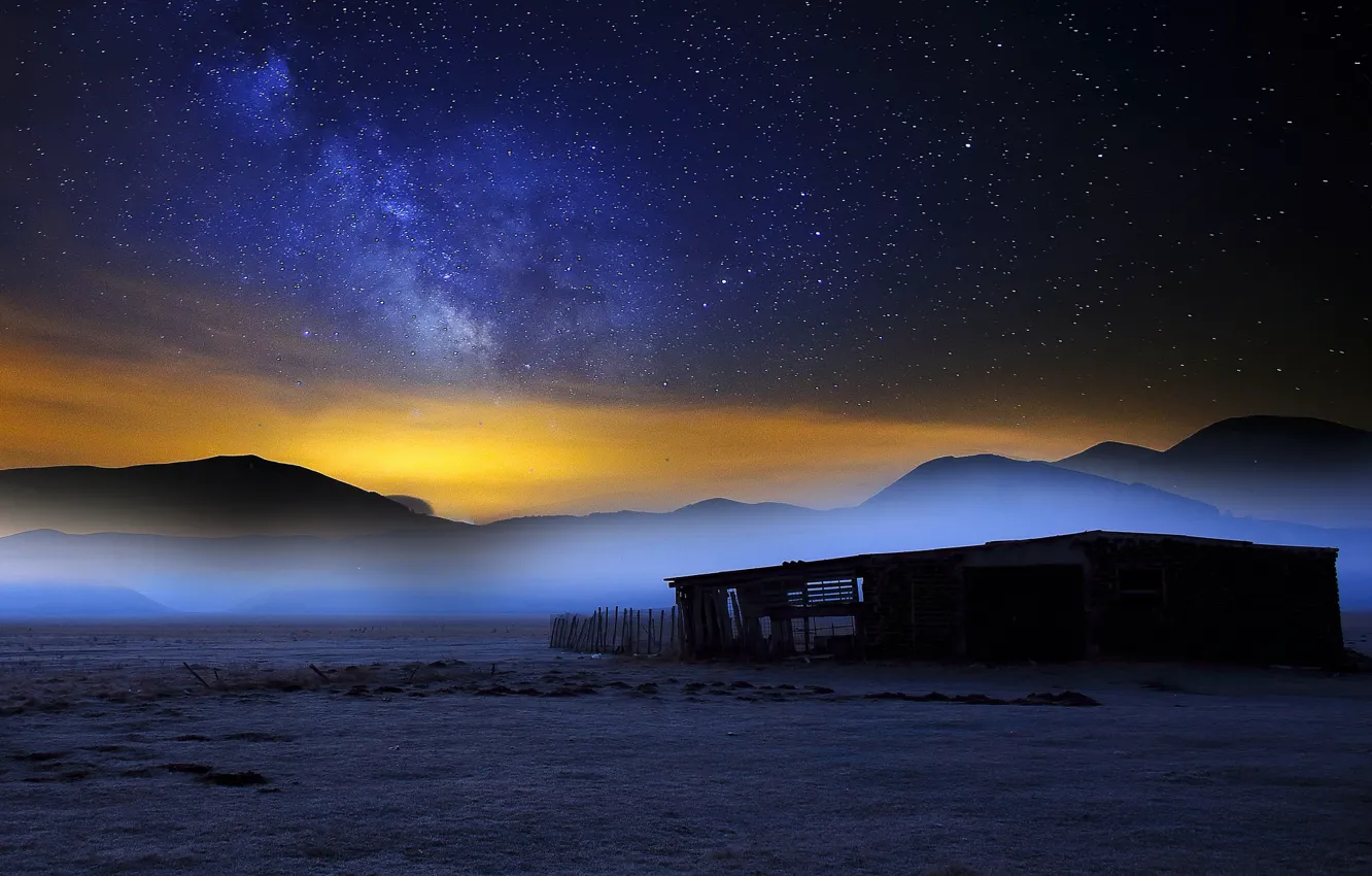 Photo wallpaper stars, mountains, night, fog, the barn, the milky way