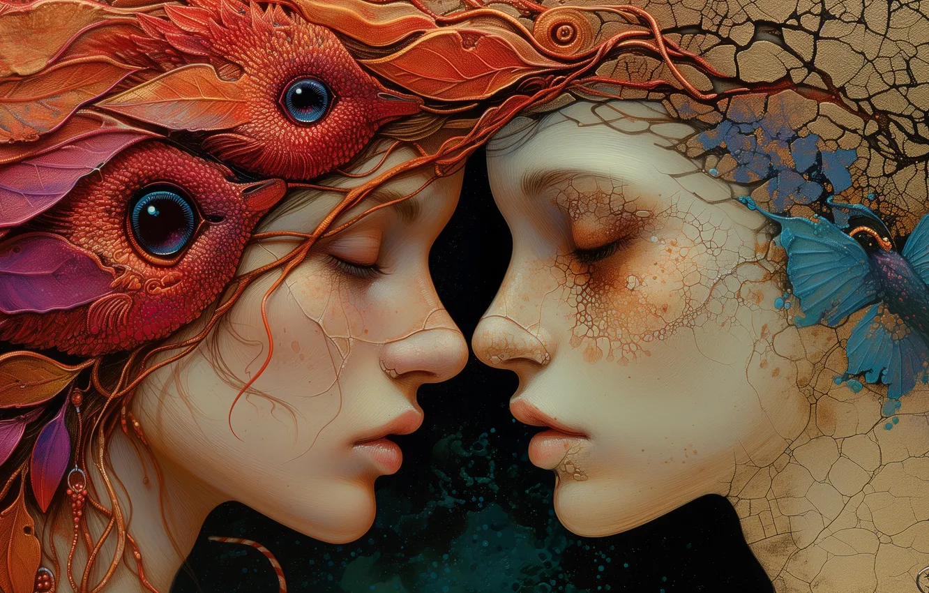 Photo wallpaper girl, face, feathers, pair, Duo, two girls, AI art, neural network