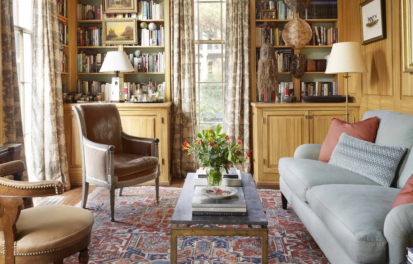 Photo wallpaper design, room, interior, chair, library, sofa, living room, cozy