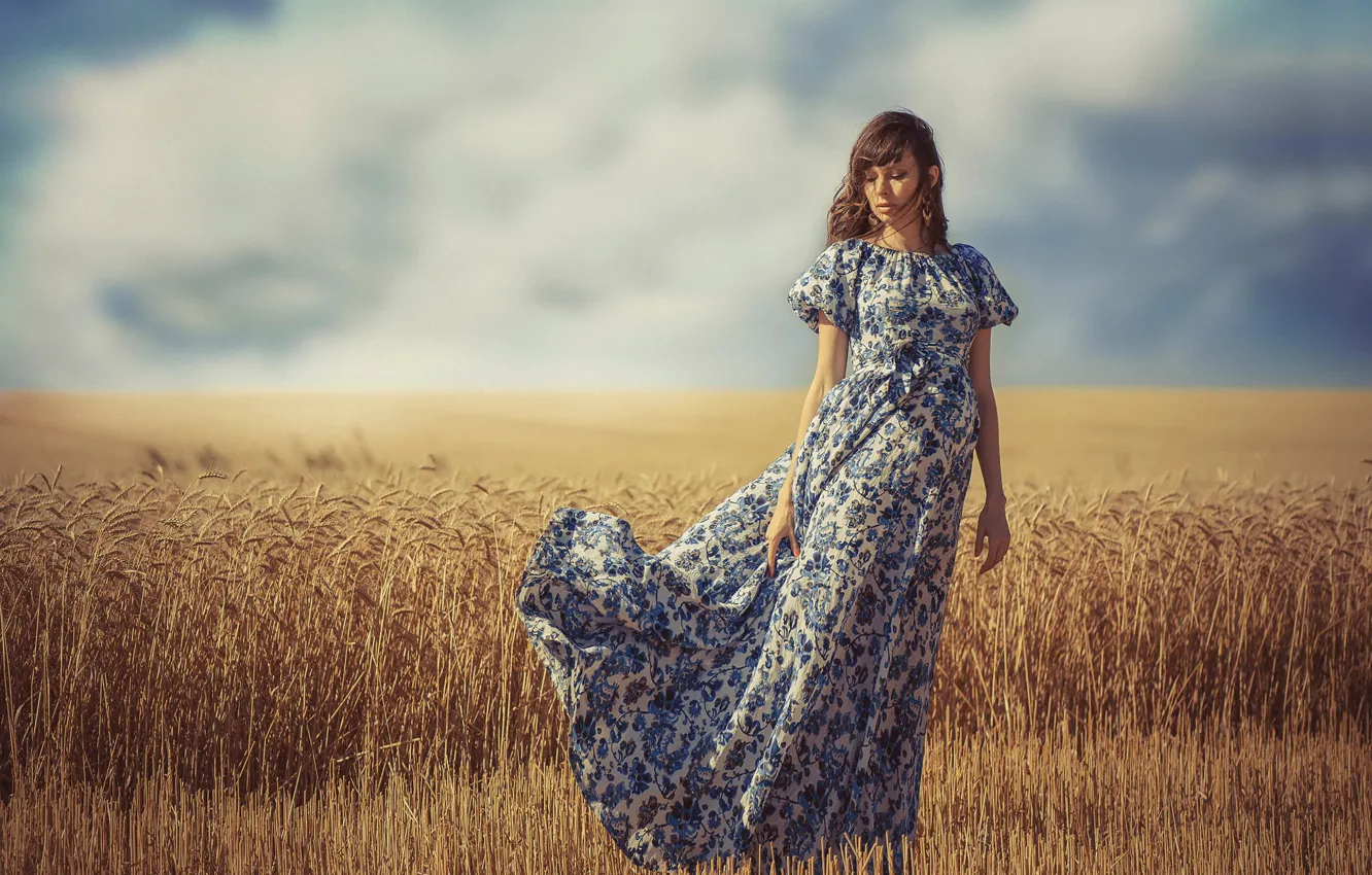 Photo wallpaper field, summer, the sky, girl, the wind, dress, horizon, ears