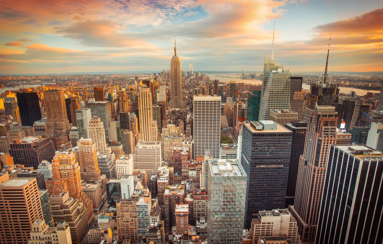 Photo wallpaper the city, skyscrapers, USA, USA, New York, sunset, New York City, Downtown