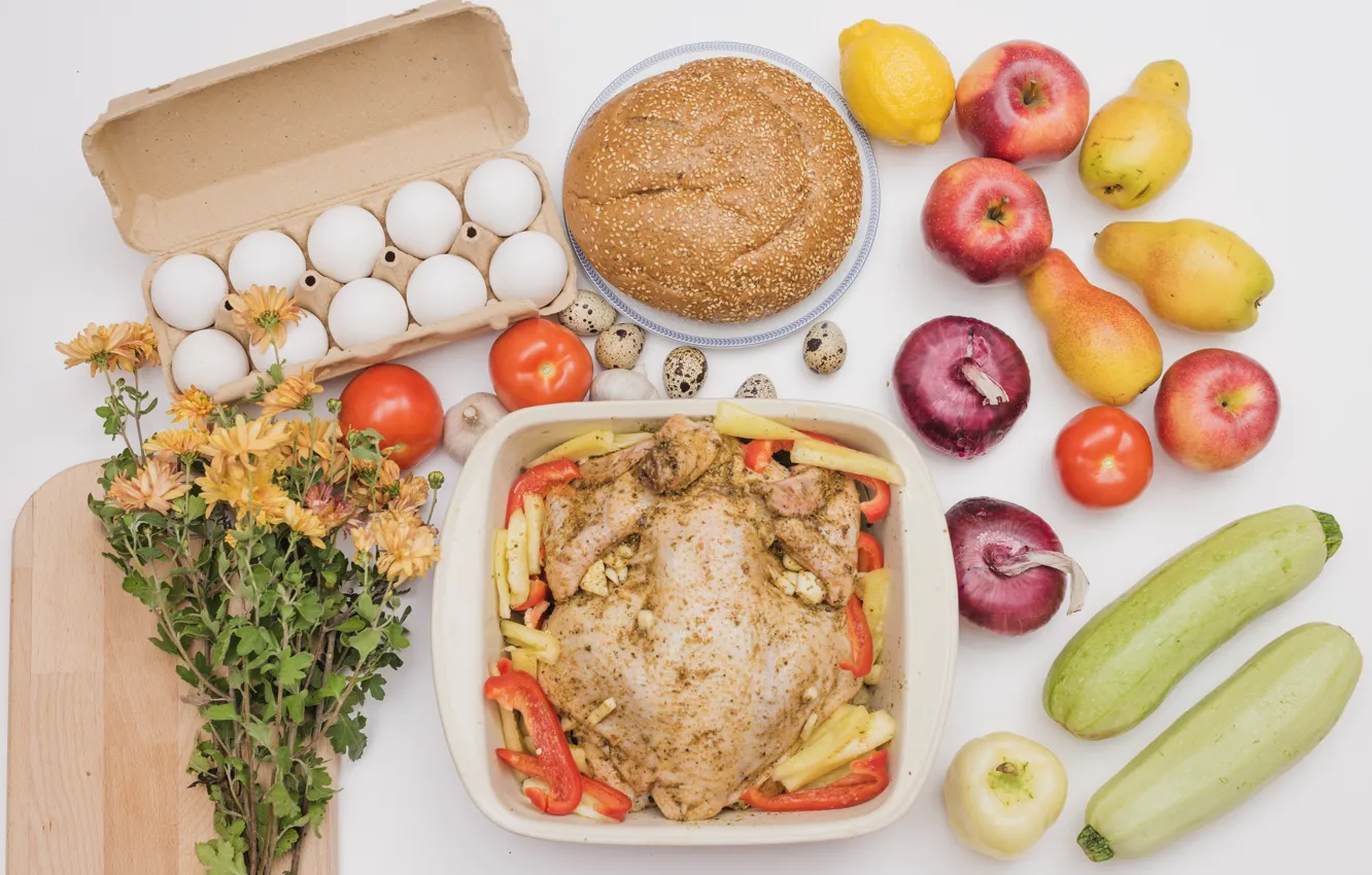 Photo wallpaper flowers, food, eggs, bread, fruit, vegetables, baked chicken