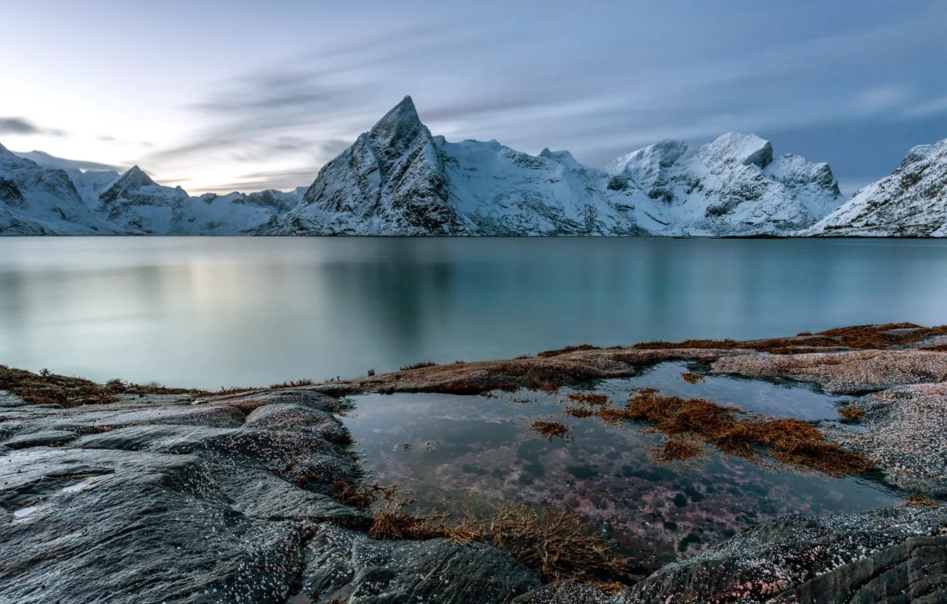 Photo wallpaper winter, the sky, clouds, snow, mountains, nature, lake, rocks