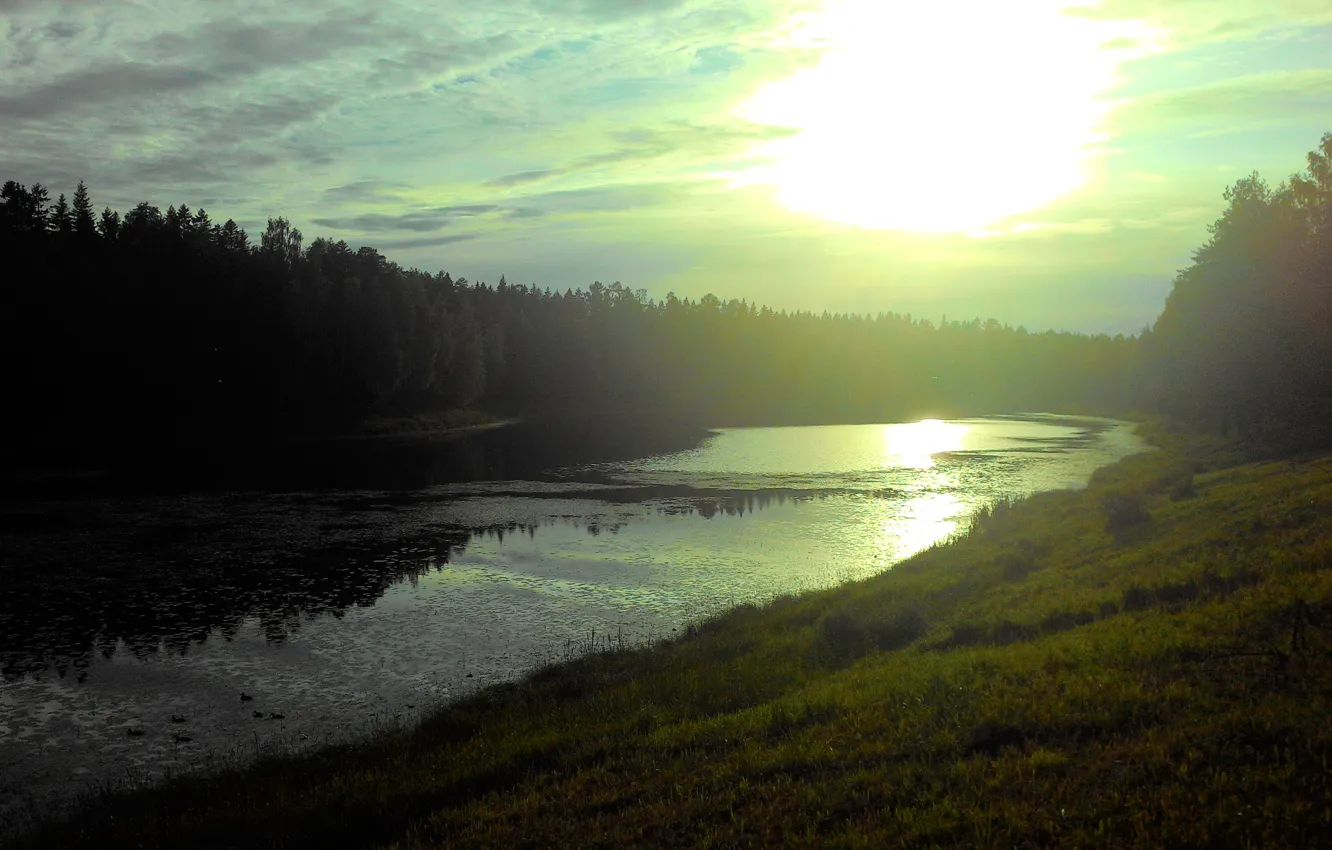 Photo wallpaper the sun, clouds, lake