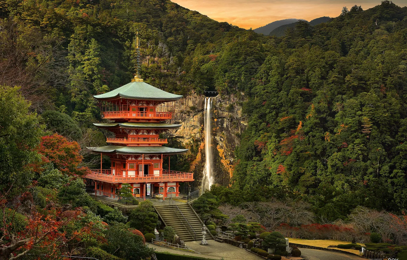 Photo wallpaper landscape, castle, waterfall, Japan