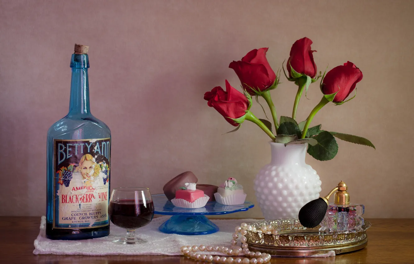 Photo wallpaper bottle, roses, still life, cakes, perfume