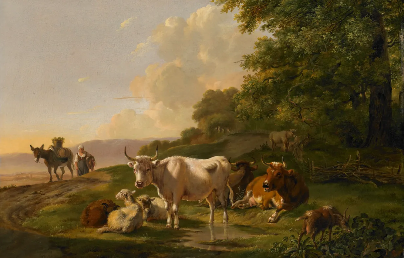 Photo wallpaper animals, tree, oil, cow, picture, Landscape with Cattle, Pieter Gerardus van OS