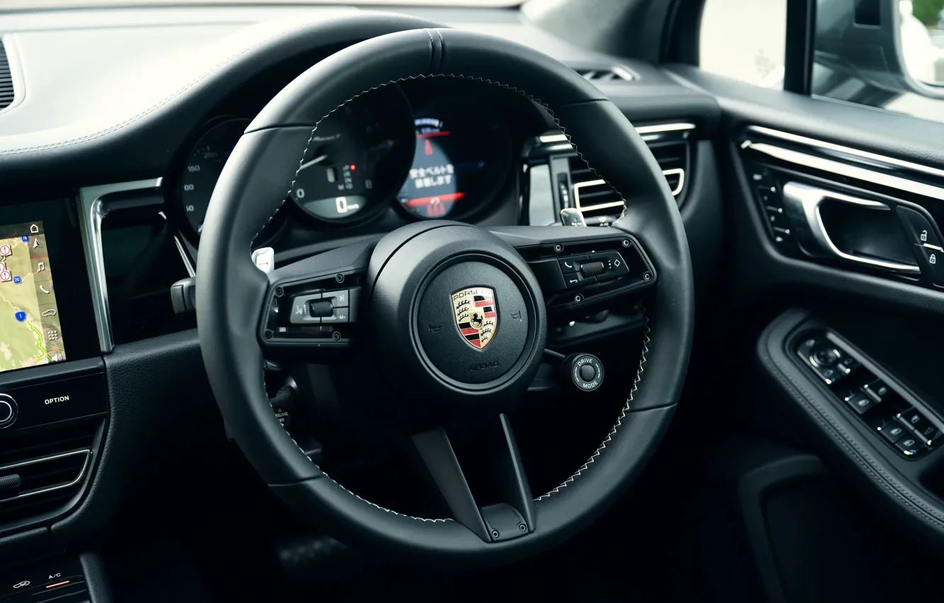 Photo wallpaper Porsche, logo, Macan, Steering Wheel, Porsche Macan T