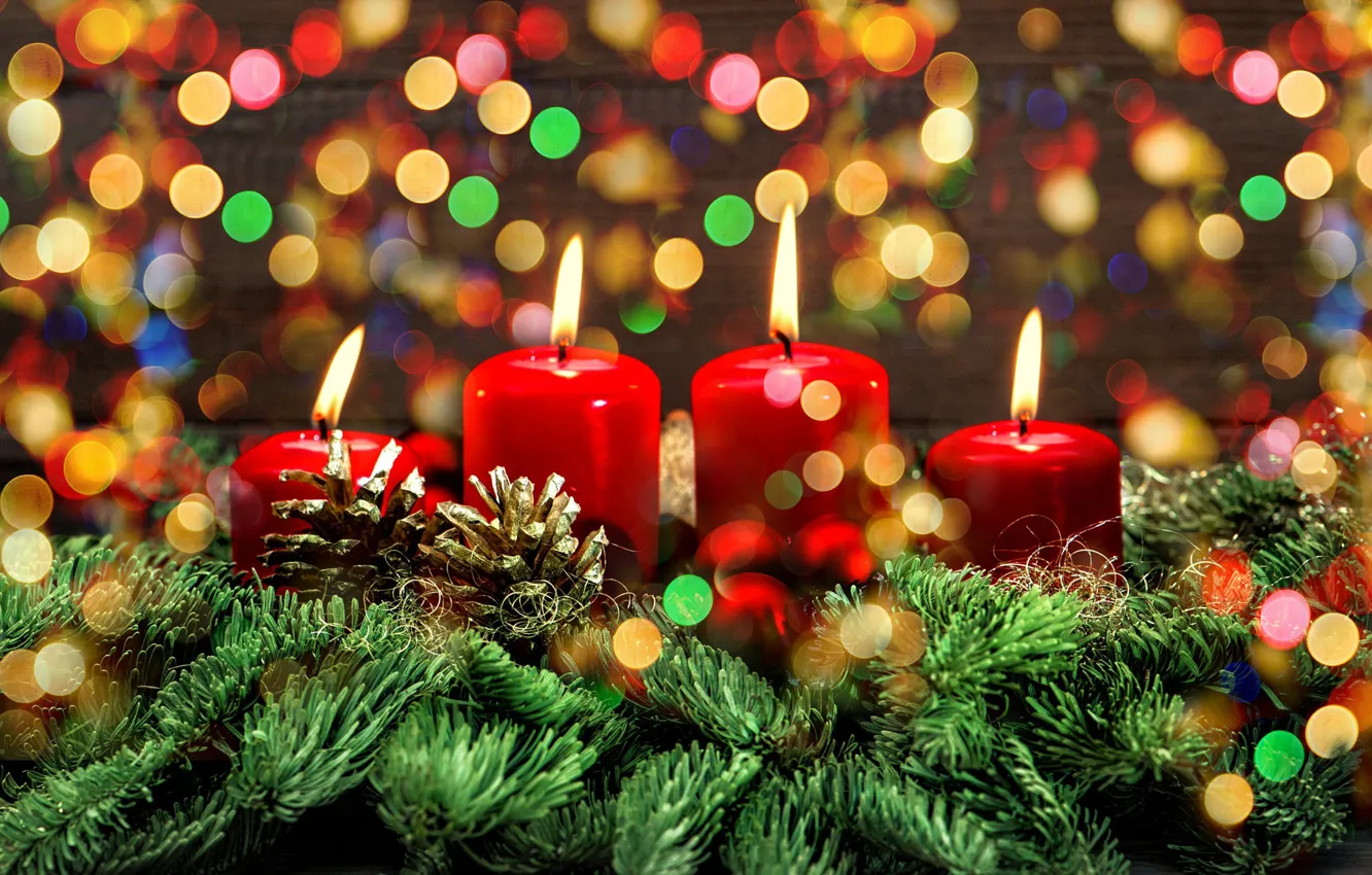 Photo wallpaper branches, holiday, new year, Christmas, spruce, candles, tree, needles