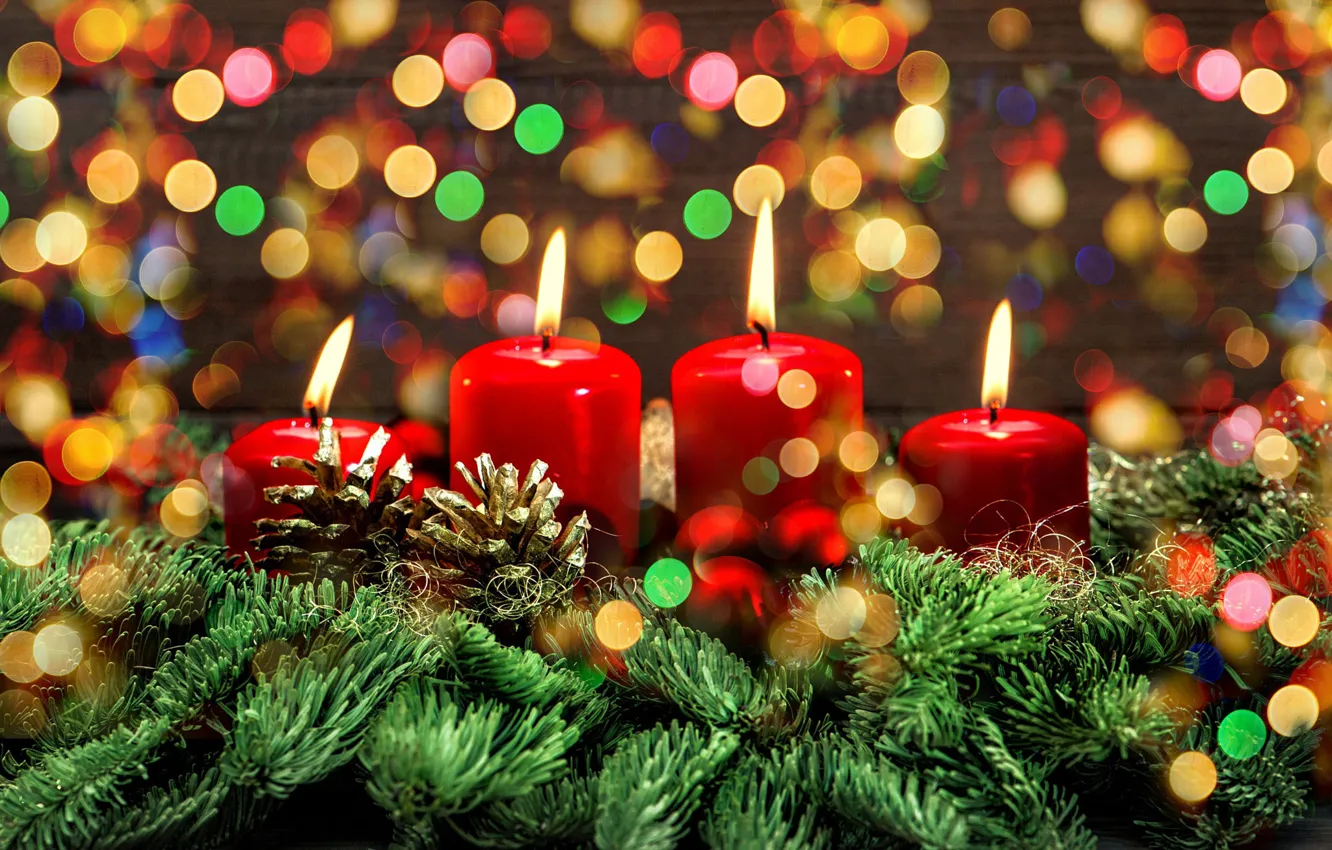 Photo wallpaper branches, holiday, tree, new year, spruce, candles, Christmas, needles