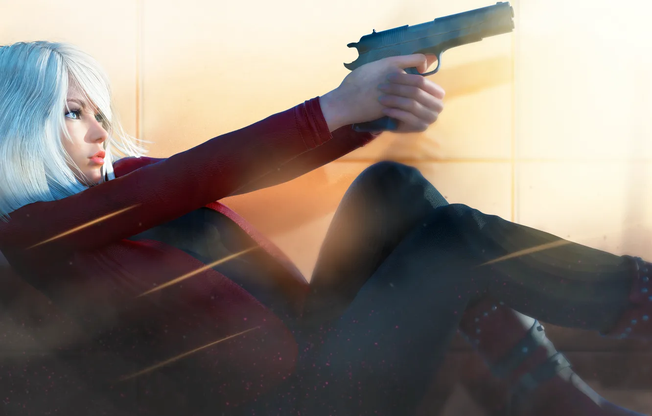 Photo wallpaper girl, pose, rendering, gun, blonde, profile