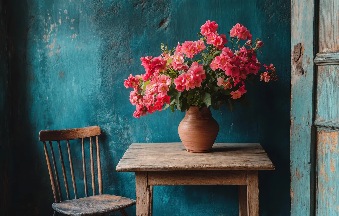 Photo wallpaper flowers, branches, red, table, room, wall, bright, bouquet