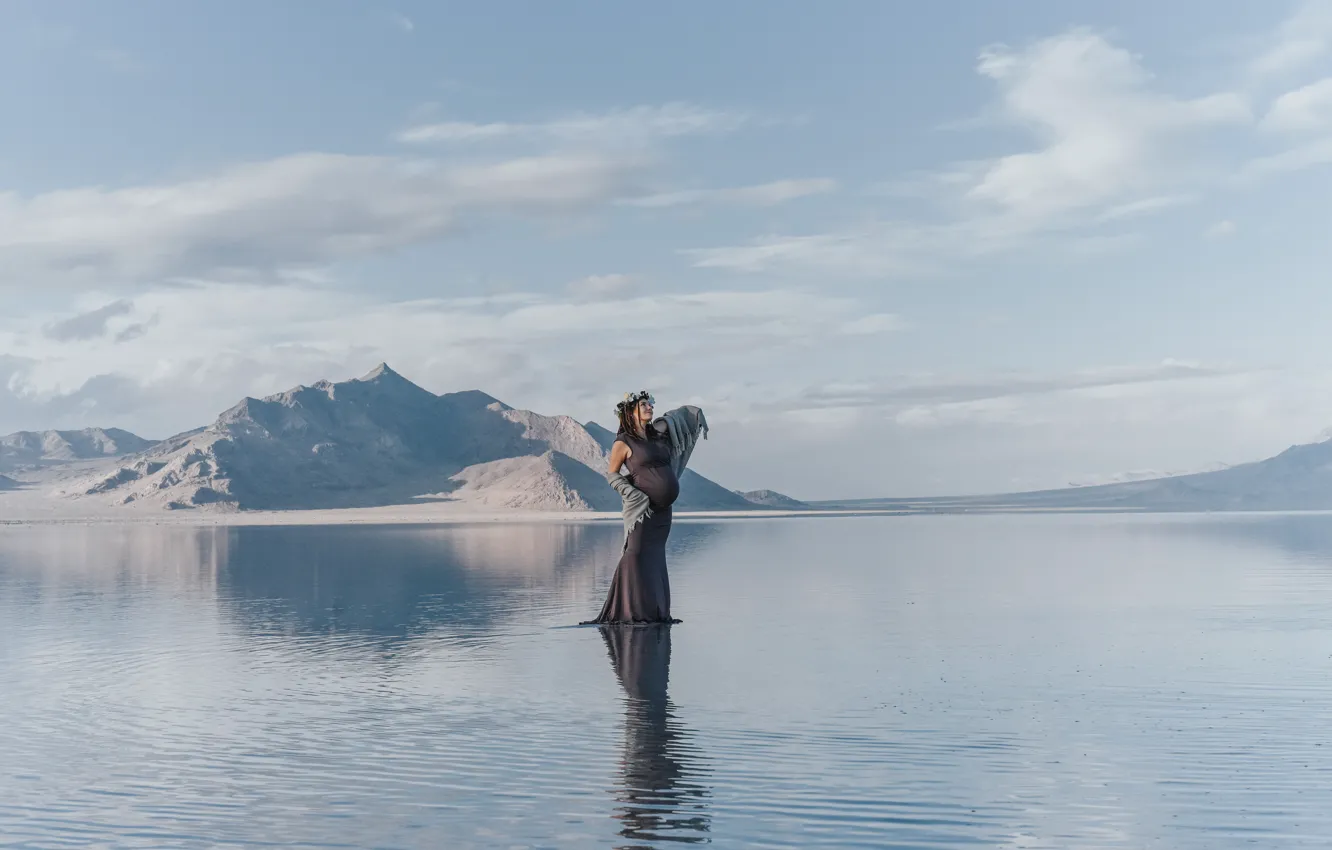 Photo wallpaper woman, water, beautiful, clouds, mountain, women, pregnant, wife