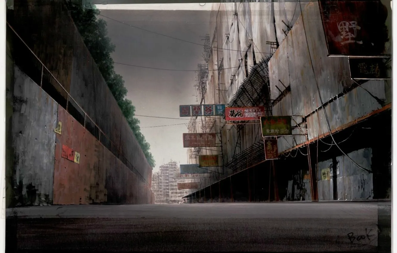 Photo wallpaper the city, street, the fence, signs, Ghost in the shell, art, the gray sky, Ghost …