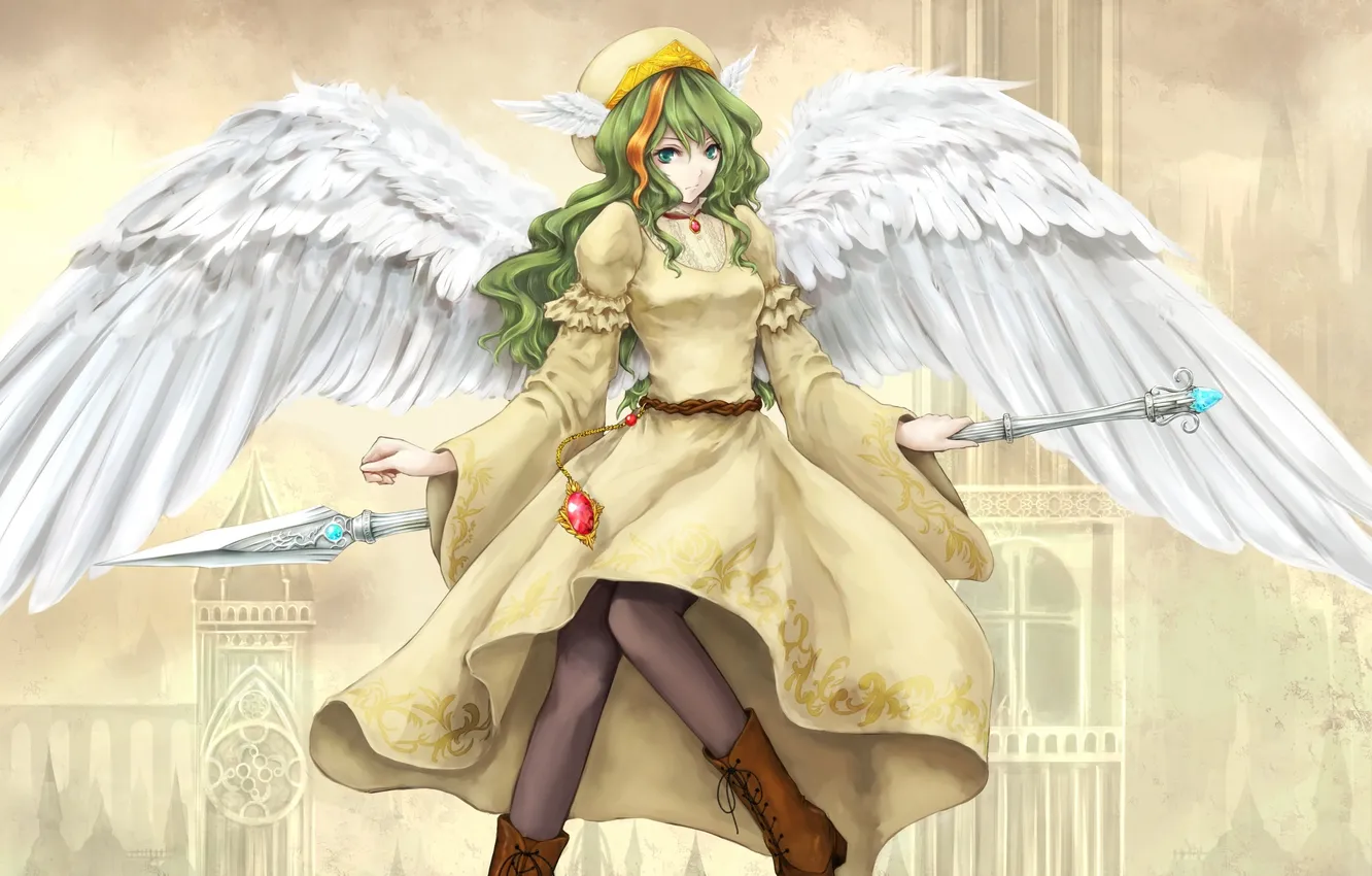 Photo wallpaper girl, the city, wings, dress, art, pendant, spear, Mia