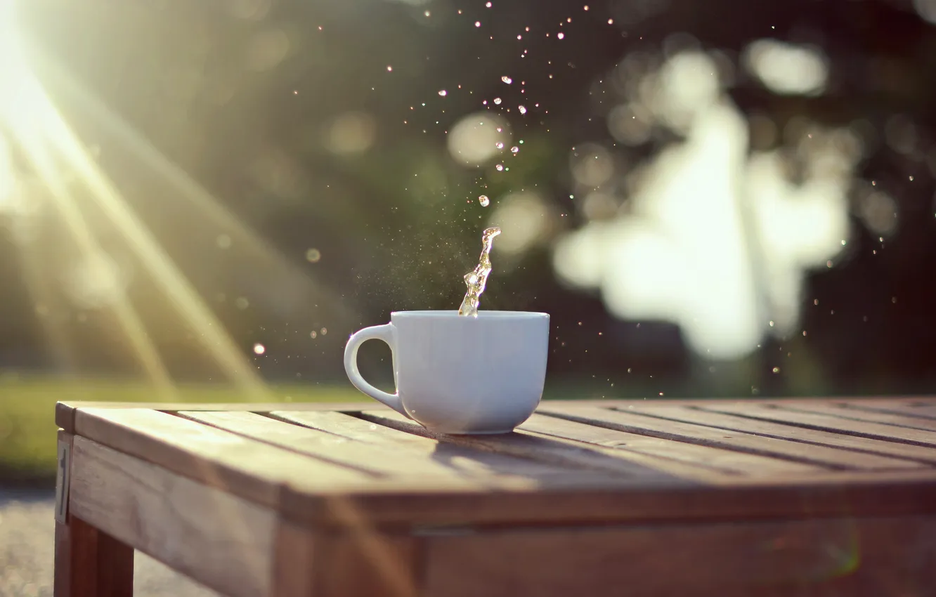 Photo wallpaper white, water, the sun, drops, rays, light, squirt, nature