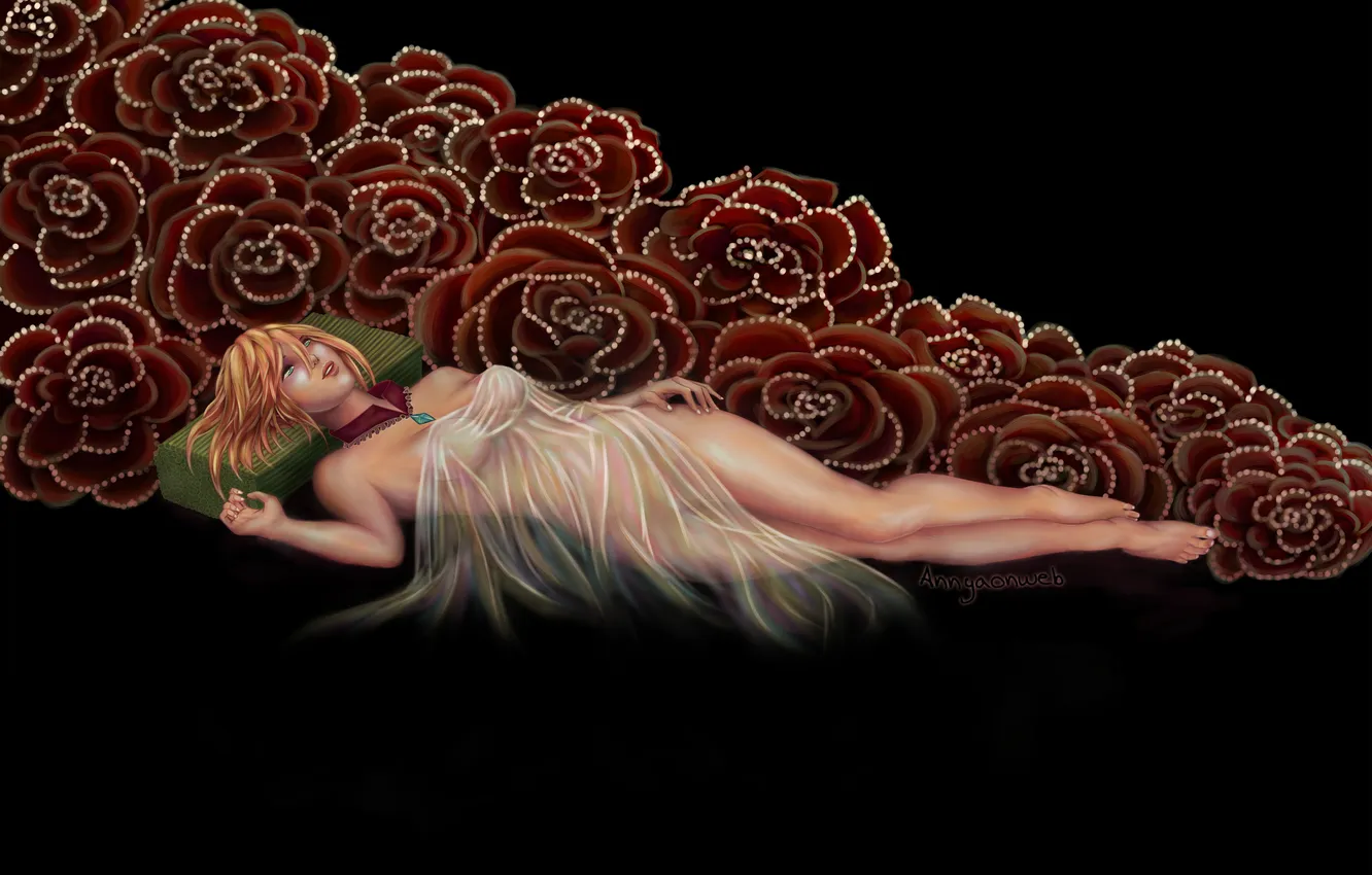 Photo wallpaper look, girl, flowers, face, pose, lies, legs, black background