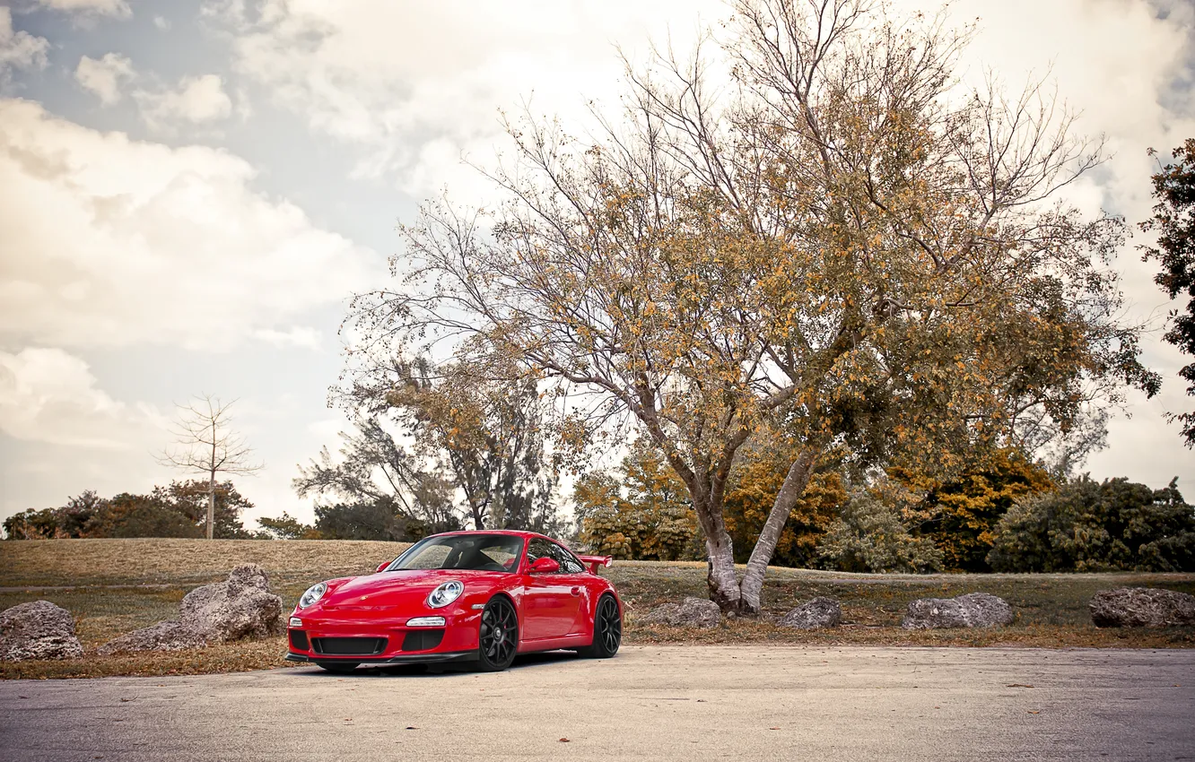 Photo wallpaper the sky, clouds, trees, red, 911, 997, Porsche, Porsche
